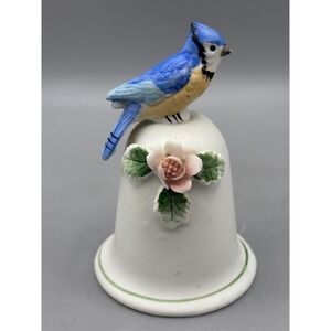 Vintage Blue Jay Porcelain Bell Hand Painted Bird‎ Figurine with 3D Flower GC